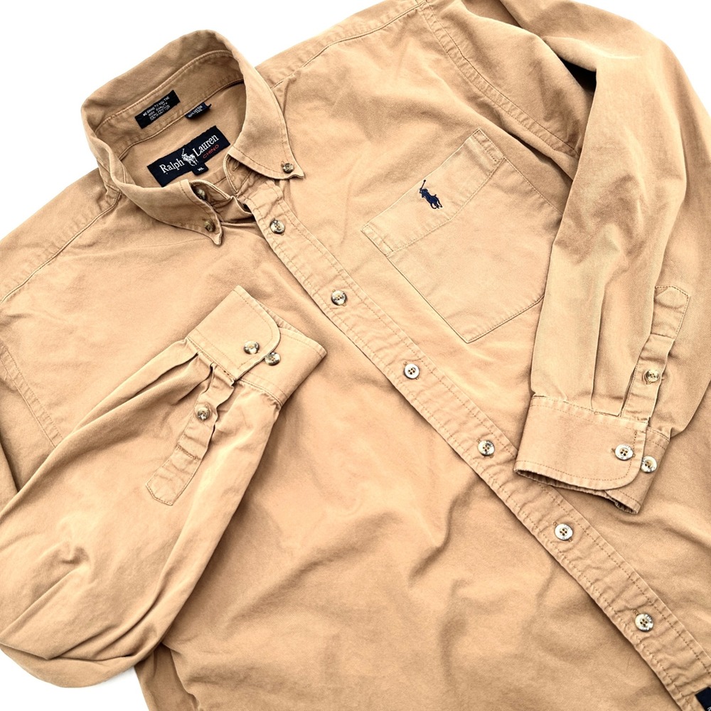 Vintage 90s Ralph Lauren Chino Shirt Mens XL Khaki Old Money Preppy Quiet Luxury